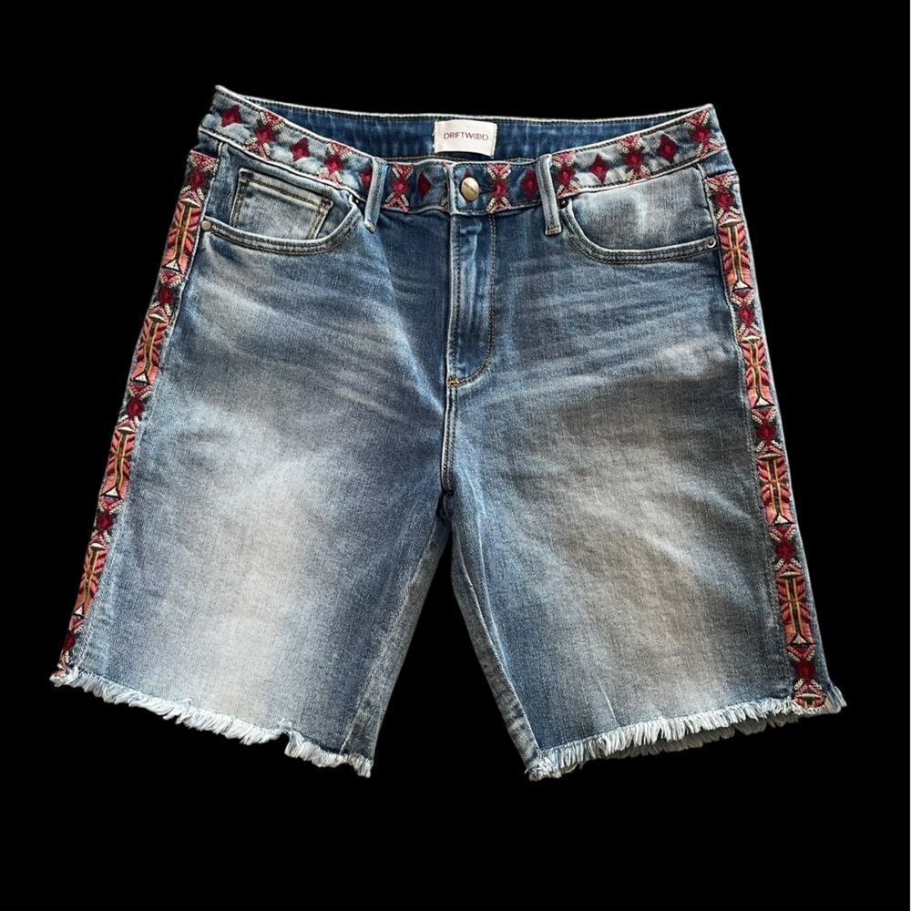 DRIFTWOOD Embroidered Trim Denim Bermuda Shorts - Blue with Red Accents